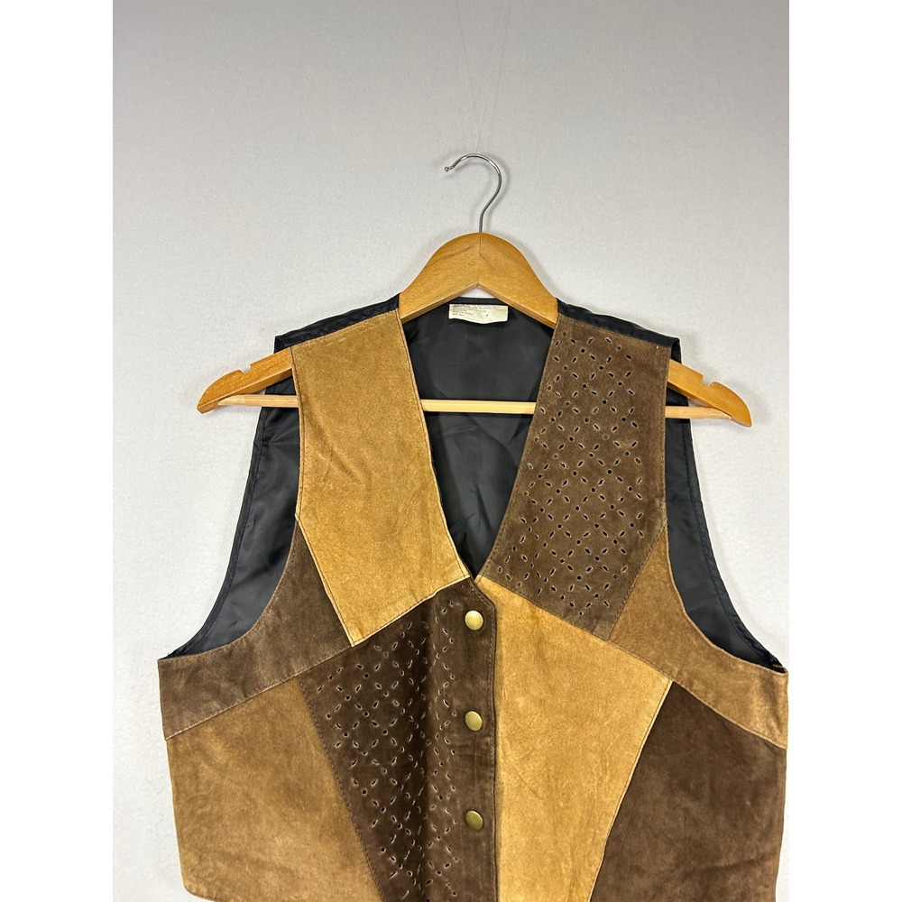 Western Boho Vintage Unbranded Women M/L Brown Patchwork Suede Leather Vest Snap - Picture 5 of 8